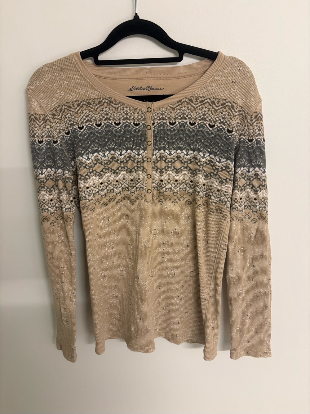 Eddie Bauer Beige and Gray Fair Isle Henley Long-Sleeve Top